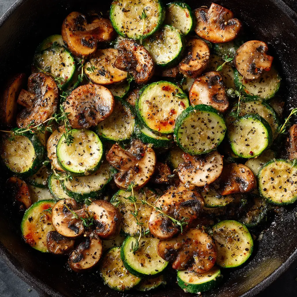 A skillet showing the step-by-step process of cooking zucchini and mushrooms, illustrating how to get them perfectly browned.