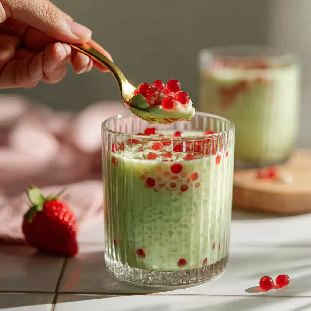 Assembling the Strawberry Matcha Sago by pouring whisked matcha tea into a glass with strawberry and sago layers.