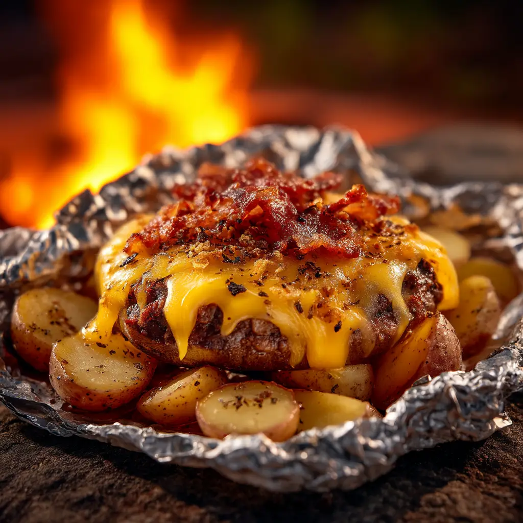 A step-by-step image showing the uncooked hobo foil packet ingredients—ground beef patty, sliced potatoes, carrots, and onions—layered on a sheet of aluminum foil before sealing.