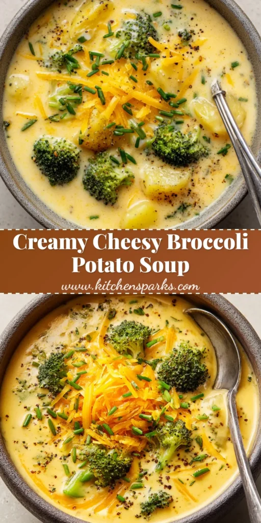 A rustic matte ceramic bowl filled with thick Cheesy Broccoli Potato Soup garnished with chives, cheddar, and black pepper.