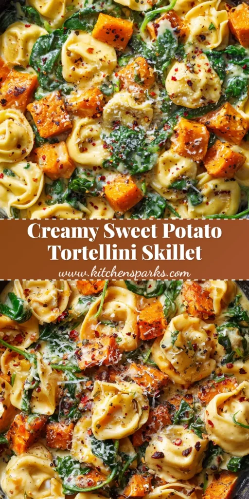 A close-up overhead shot of a rustic dark cast iron skillet filled with sweet potato tortellini skillet, featuring creamy pale yellow sauce, caramelized orange sweet potato chunks, and wilted dark green spinach.