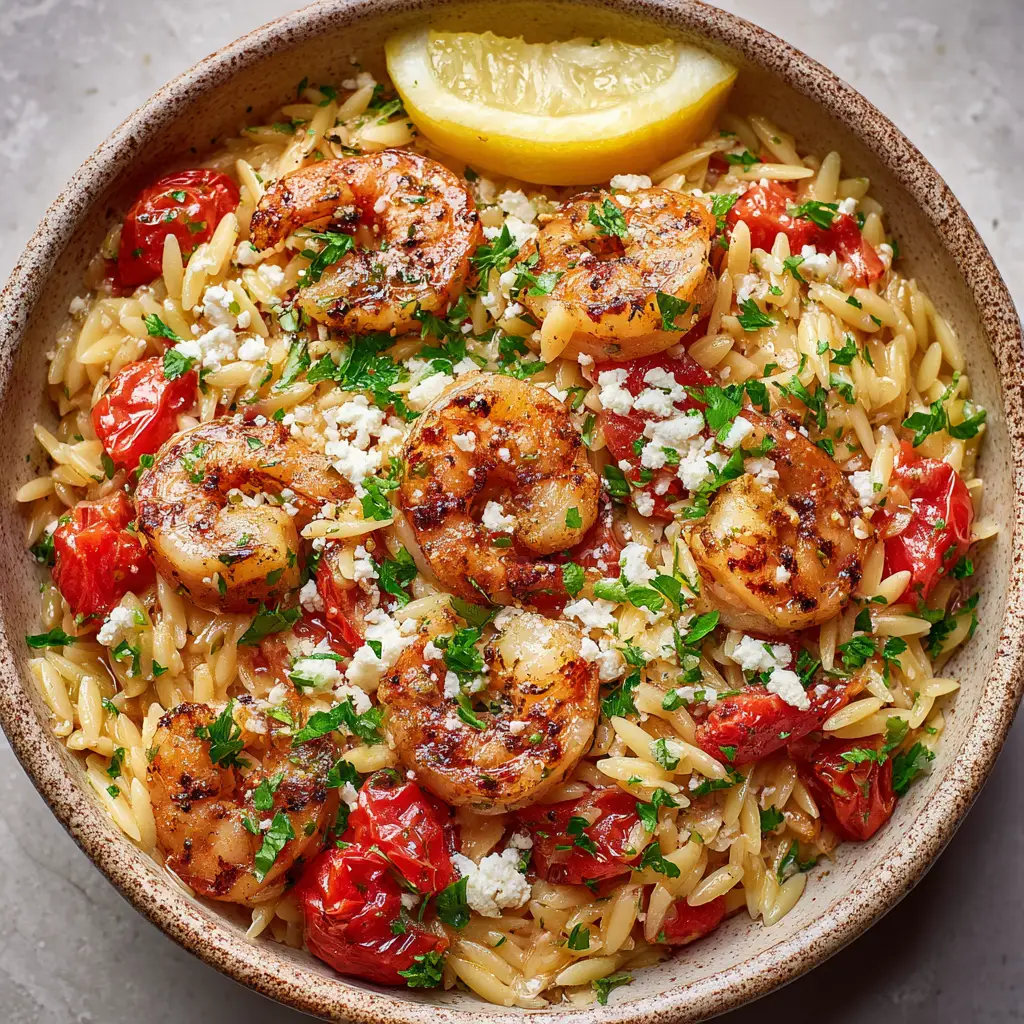 A close up view of plump pink shrimp with golden-brown char marks and blistered red cherry tomatoes in a glossy pan sauce over cooked orzo.