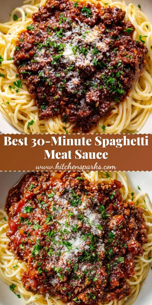A close-up overhead view of classic spaghetti meat sauce in a white ceramic bowl with glossy noodles, dark red tomato sauce, browned beef, and melting parmesan cheese.