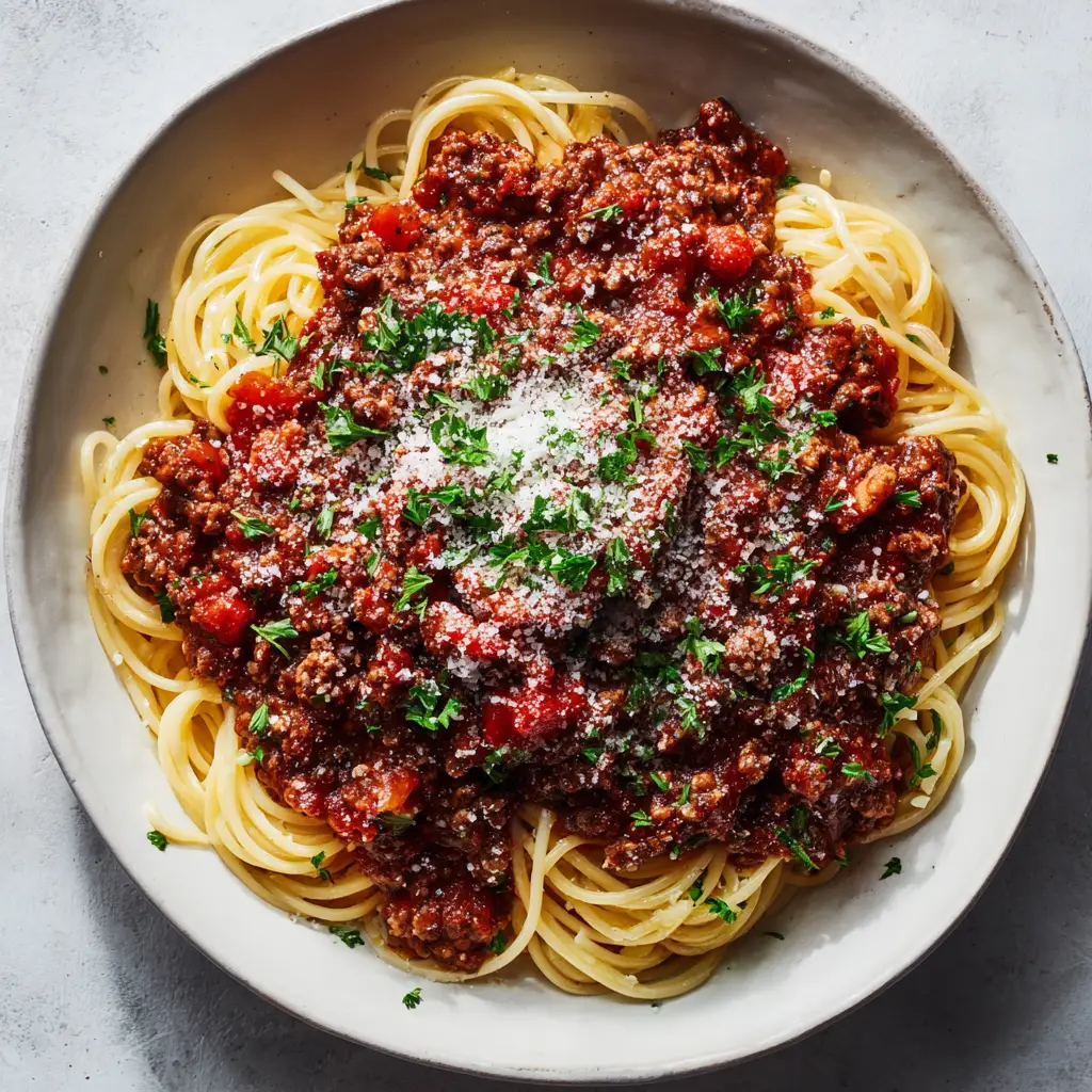 Thick dark red tomato meat sauce bubbling in a heavy skillet with ground beef and onions.