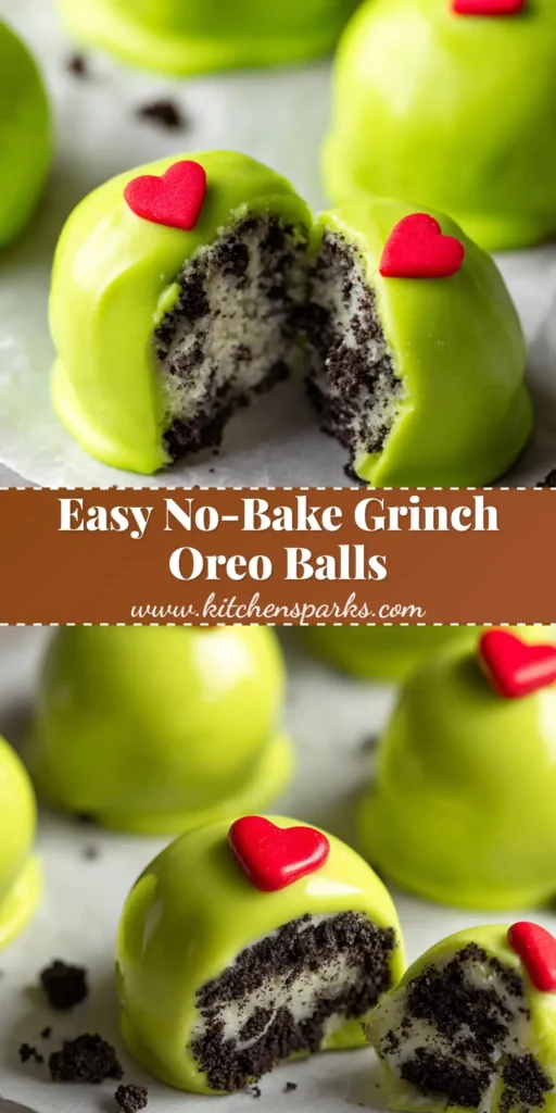 Close-up of vibrant neon green chocolate-covered Grinch Oreo Balls resting on white parchment paper, decorated with single red hearts.