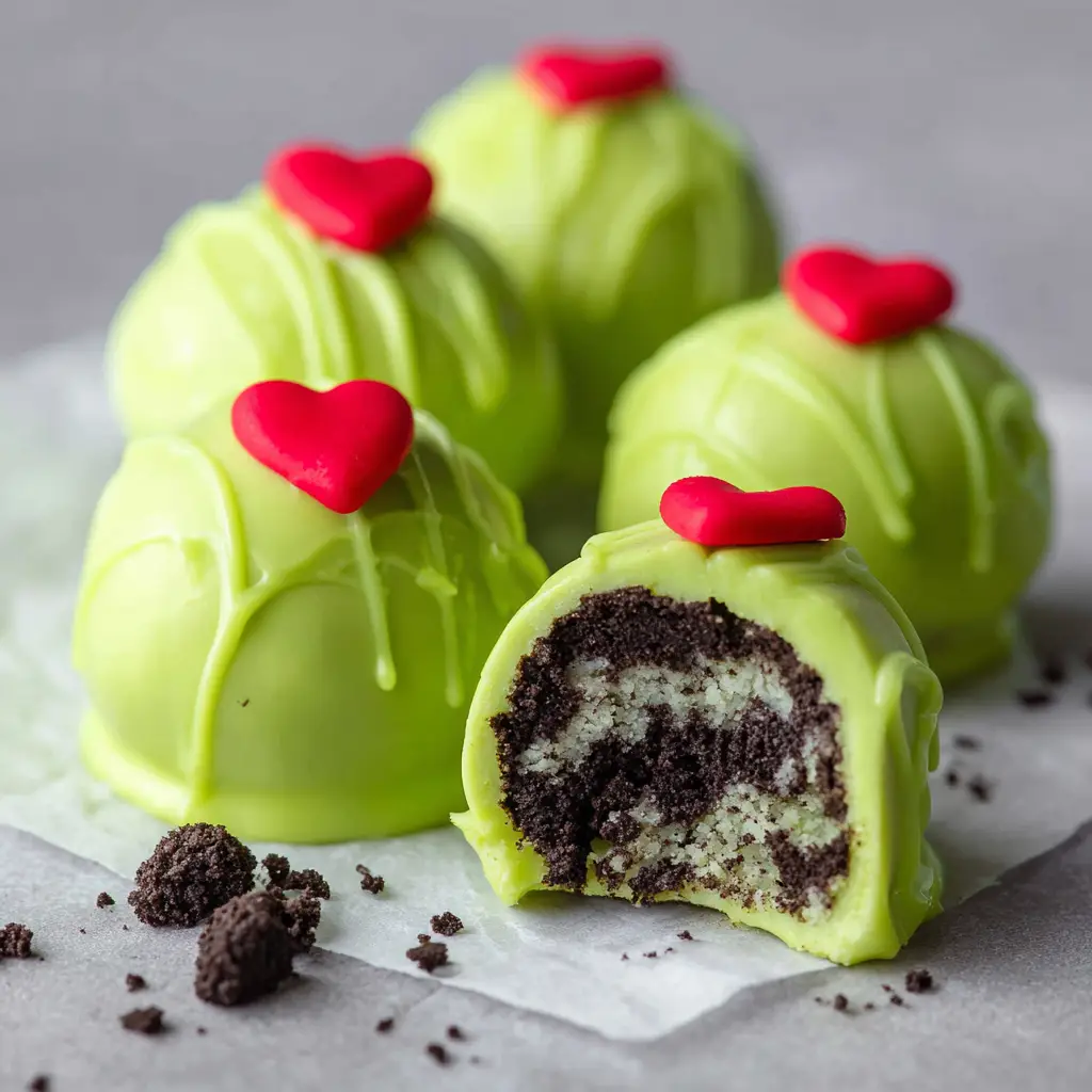 Finished Grinch Oreo Balls with a smooth glossy bright green candy coating and slight pooling at the base.