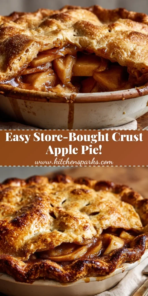 A close-up shot of an apple pie with store bought crust featuring a flaky top and thick sliced apples in a dark cinnamon syrup.