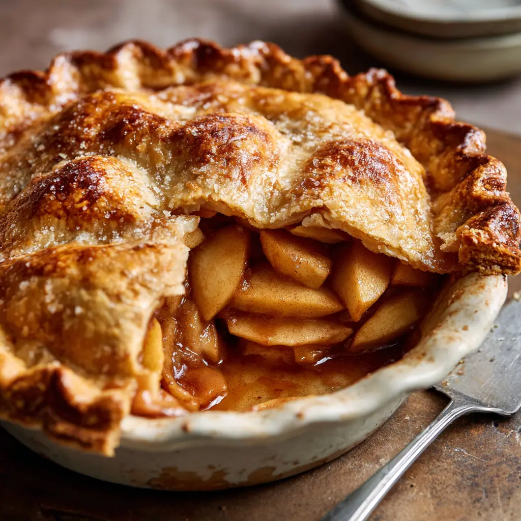 A slice of double-crust apple pie showing thick sliced cooked apples coated in a dark cinnamon spice syrup.