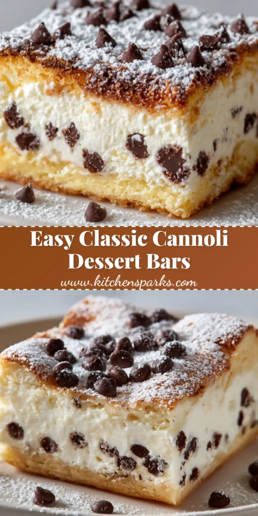 A close-up vertical shot of freshly cut Cannoli Squares on a plain ceramic plate showing a golden-brown baked pastry base, thick creamy white ricotta filling, mini chocolate chips, and a powdered sugar dusting.