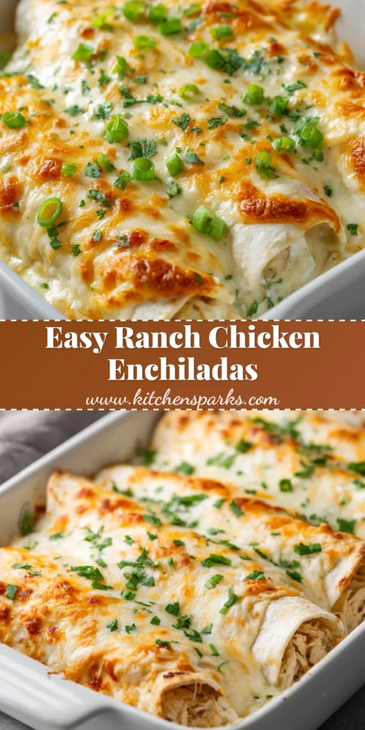 A casserole dish of bubbling creamy ranch chicken enchiladas with melted cheddar, green onions, and cilantro.