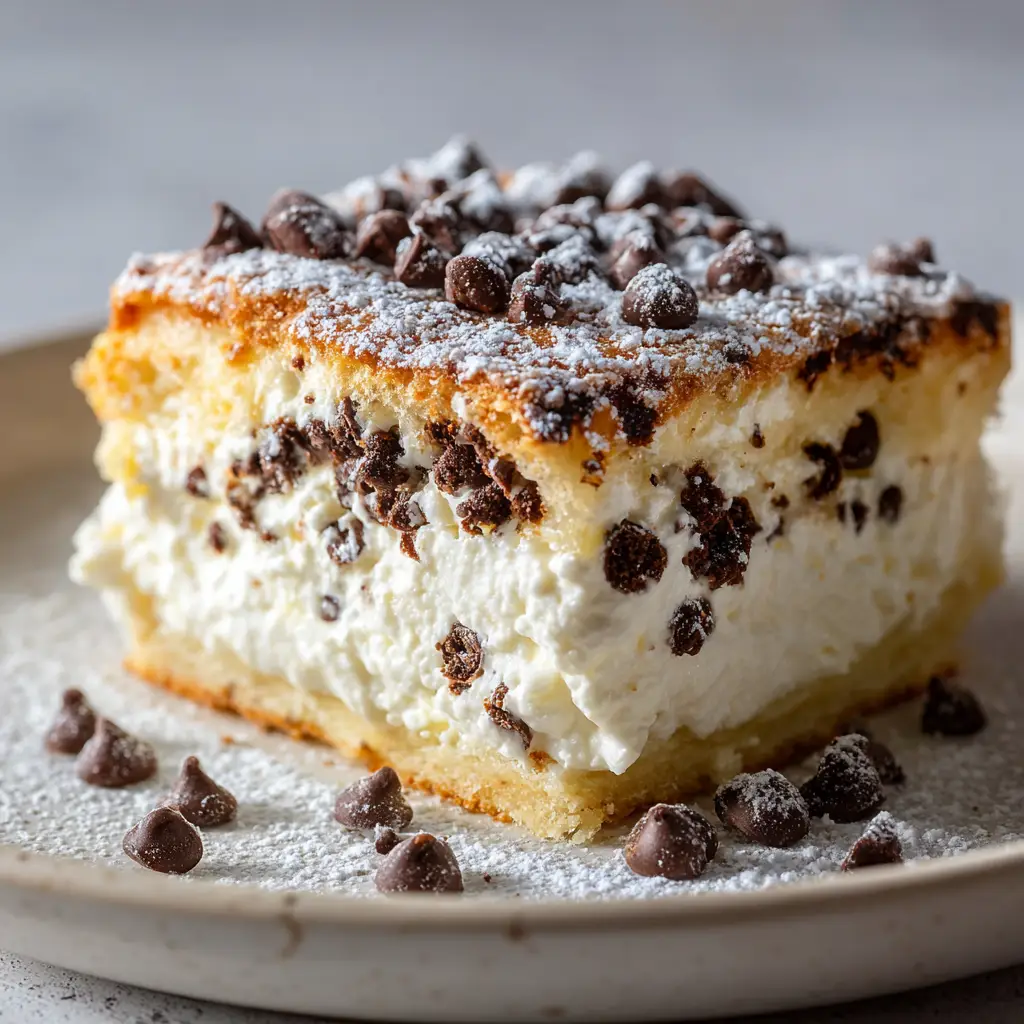 A handheld smartphone style unedited photo of a creamy Cannoli Square topped with powdered sugar and scattered dark brown mini chocolate chips.