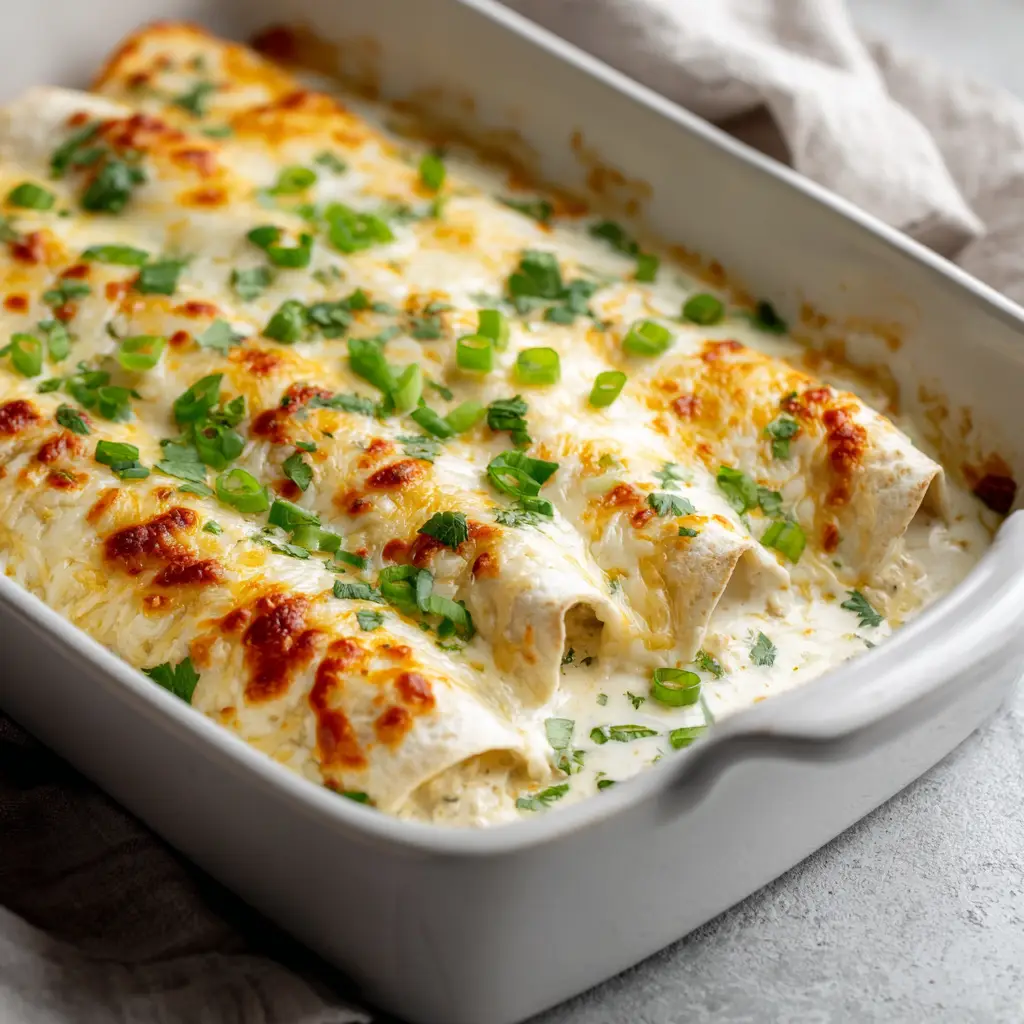 Golden browned bubbly baked cheese on top of creamy ranch chicken enchiladas garnished with fresh cilantro and green onions.