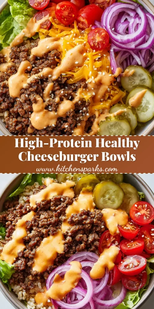 A close-up view of a High-Protein Cheeseburger Bowl loaded with browned ground beef, melted cheddar cheese, tomatoes, pickles, and a creamy burger sauce drizzle.