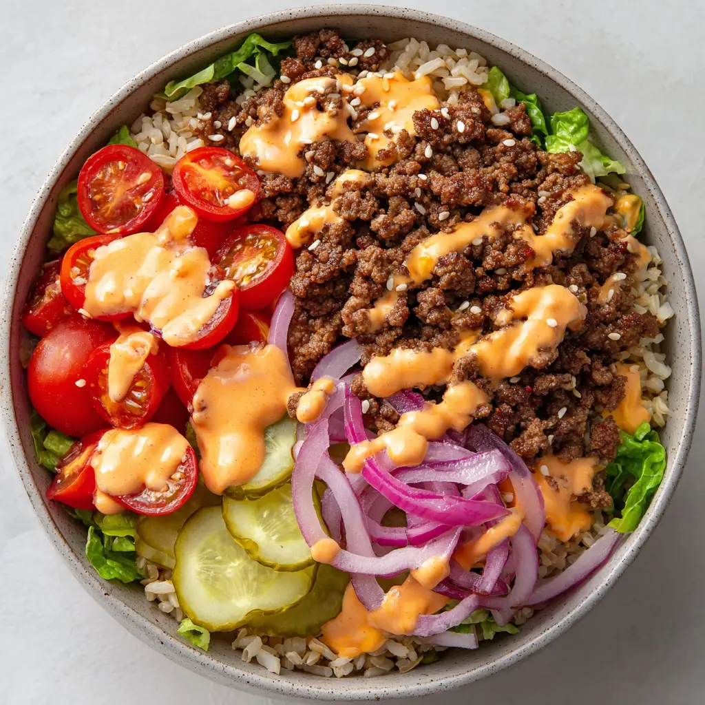 Heavily browned, crumbled ground beef coated in melted sharp cheddar cheese alongside crisp romaine lettuce and drizzled with a thick orange-pink burger sauce.
