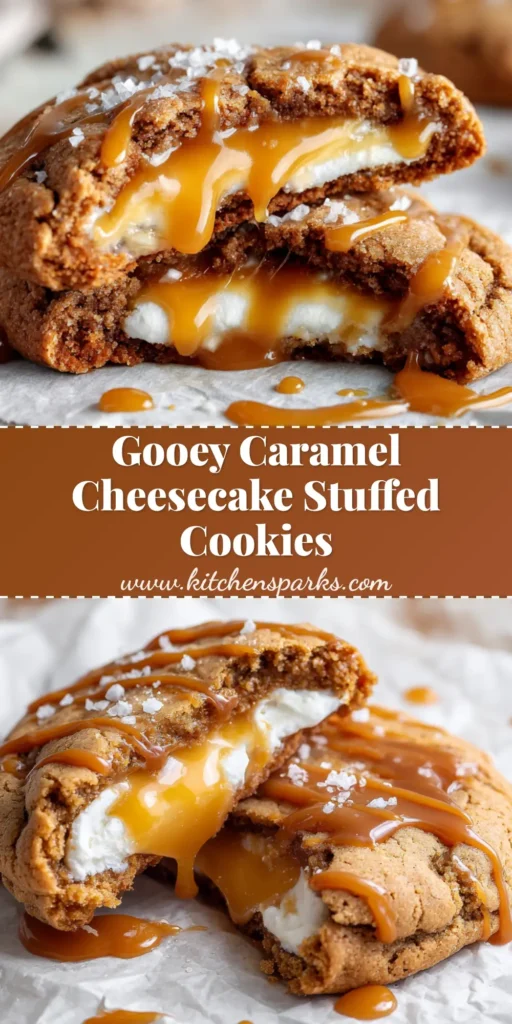 A close-up shot of a freshly baked, thick Caramel Cheesecake Cookie broken in half on crinkled parchment paper, revealing smooth white cream cheese and amber melted caramel.