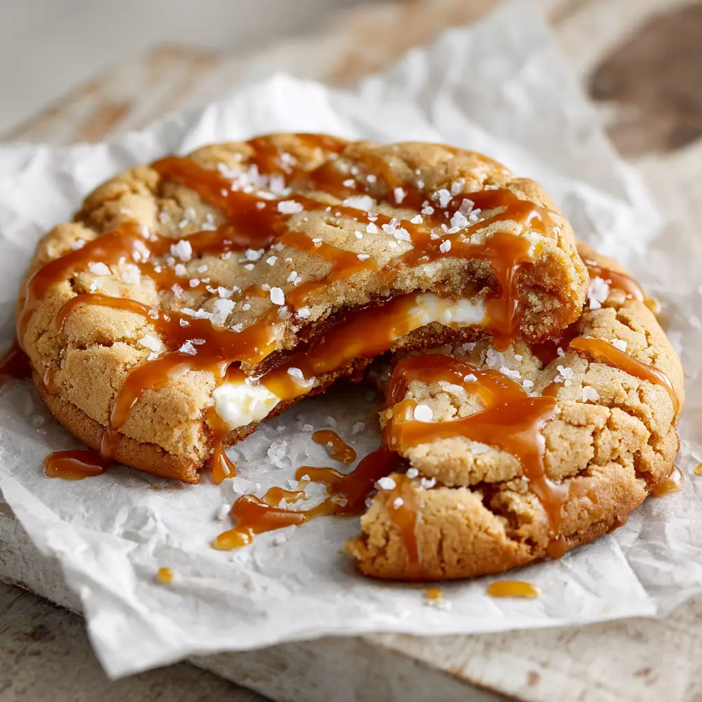 Gooey, stuffed center of smooth white cream cheese filling and thick, amber-colored melted caramel inside a golden-brown cookie.