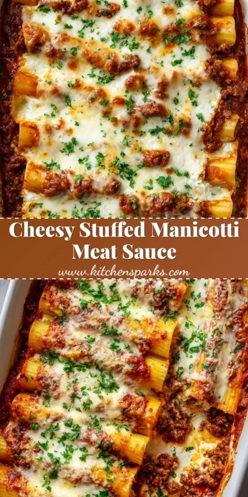 Overhead view of a white rectangular ceramic baking dish filled with Stuffed Manicotti with Meat Sauce, topped with bubbly golden-brown mozzarella and fresh parsley.
