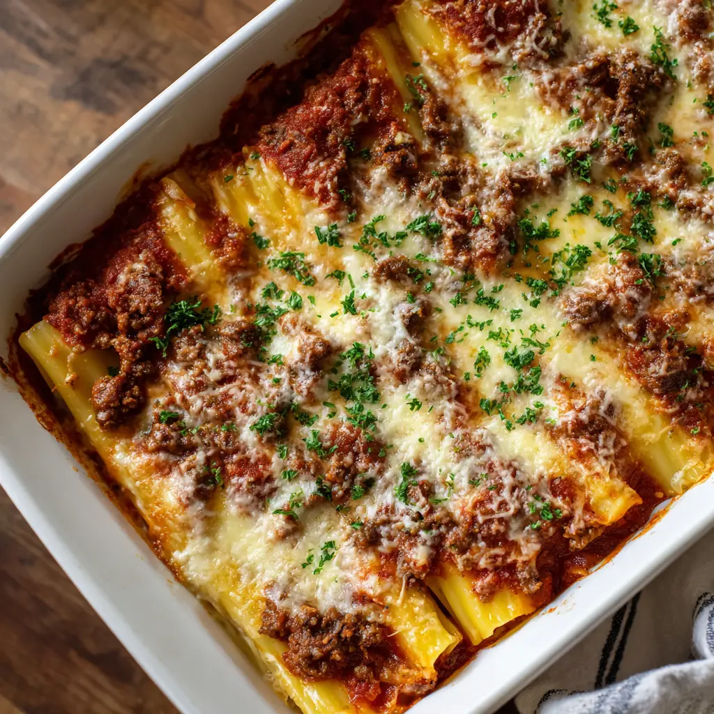 Thick, vibrant dark red tomato marinara sauce packed with visible browned ground beef crumbles heavily smothering stuffed manicotti.