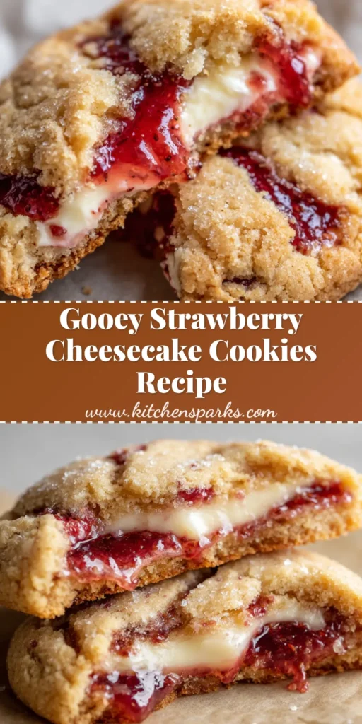 Close up of a thick, soft-baked strawberry cheesecake cookie broken in half, revealing creamy white filling and oozing bright red strawberry jam.
