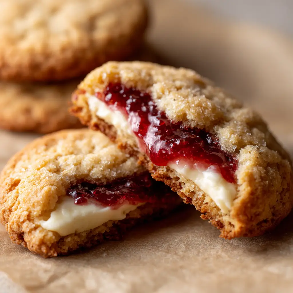 Close up of the chewy texture and crinkled edges of a strawberry cheesecake cookie dusted with granulated sugar.