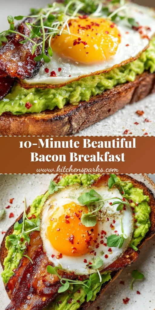 A thick slice of artisan sourdough toast with bright green mashed avocado, topped with a runny sunny-side-up egg and served with crispy thick-cut bacon. Garnished with red pepper flakes and microgreens. Easy Breakfast Ideas.