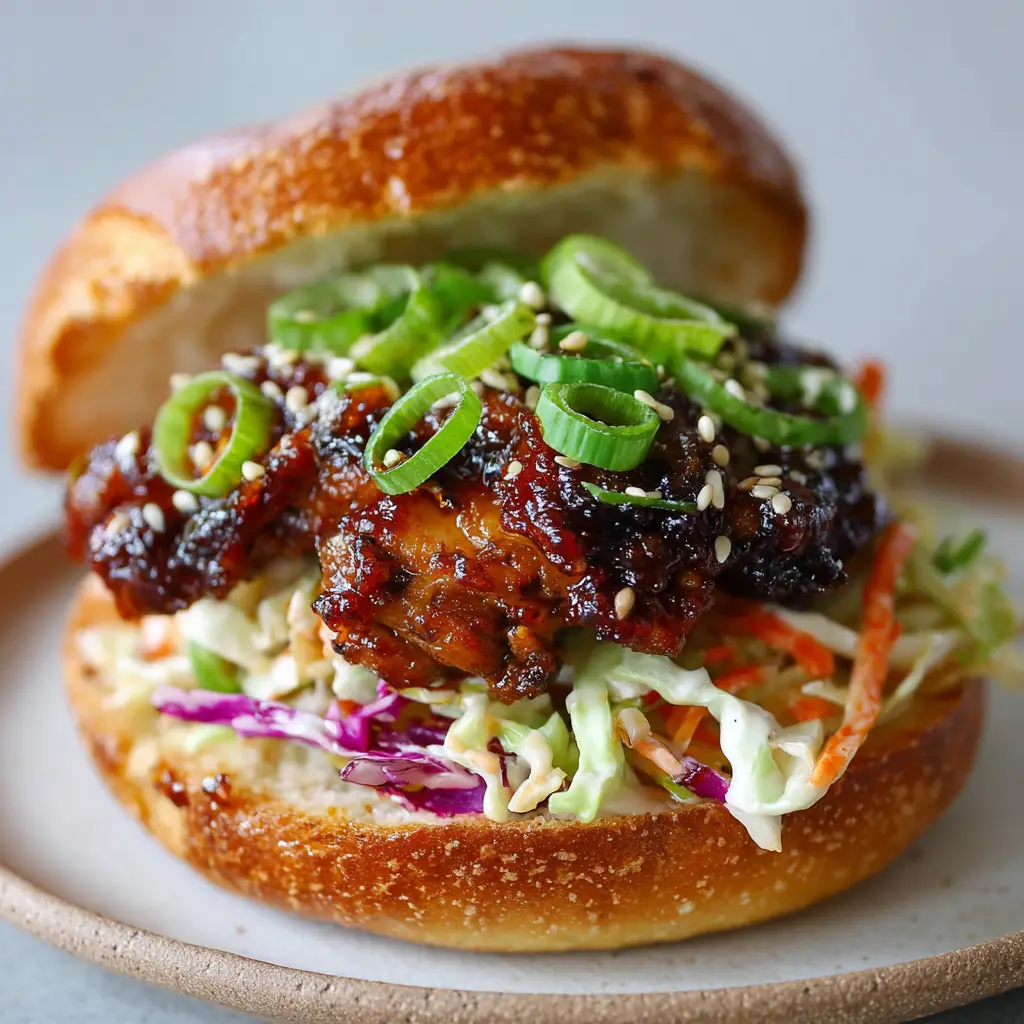 Close-up of a juicy charred chicken thigh coated in a thick, glossy, dark reddish-brown Korean BBQ sauce resting on a bed of creamy coleslaw.