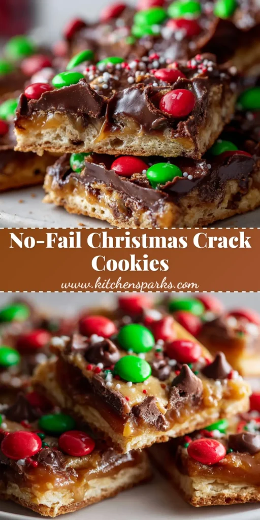 Close-up overhead view of Christmas Crack Cookies with a golden brown cookie dough layer, chocolate chips, and festive M&Ms.