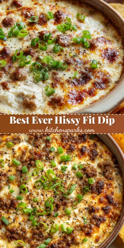 A close-up shot of hot, bubbly Hissy Fit Dip with a golden-brown cheese crust, crumbled sausage, and scoop-style corn chips on the side.