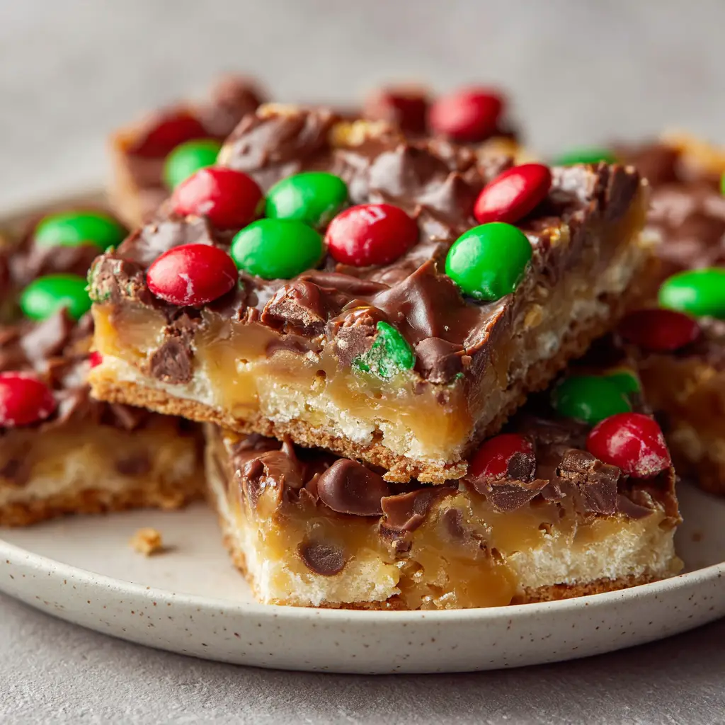 Christmas crack cookies arranged casually on a white ceramic plate, featuring crispy caramelized edges and festive red and green candies.