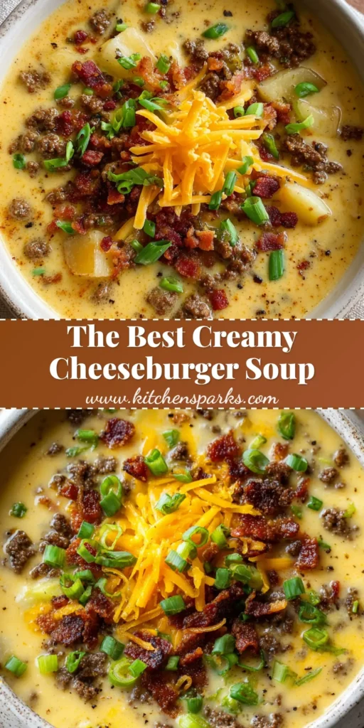 A rustic white bowl filled with creamy Cheeseburger Soup Recipe loaded with beef, potatoes, bacon, and cheddar cheese.