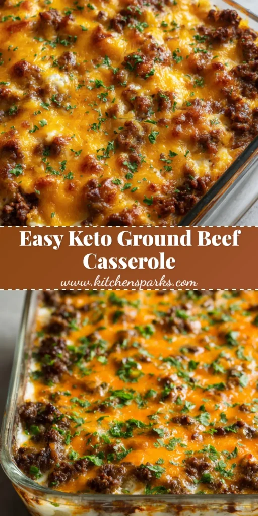 Close-up of freshly baked Keto Ground Beef Casserole in a glass dish with melted bubbly orange cheddar cheese.