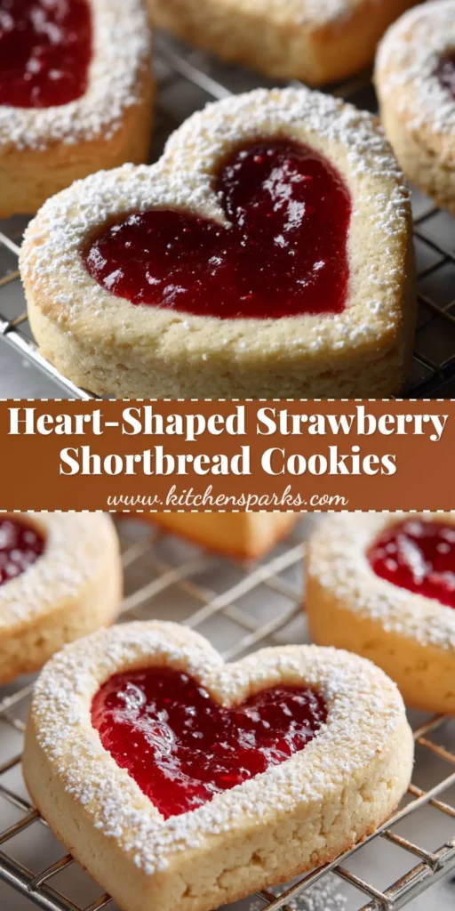 Close-up of Heart-Shaped Strawberry Shortbread Cookies with a glossy vibrant red strawberry jam center and fine white powdered sugar resting on a metallic wire cooling rack over a pale marble countertop.