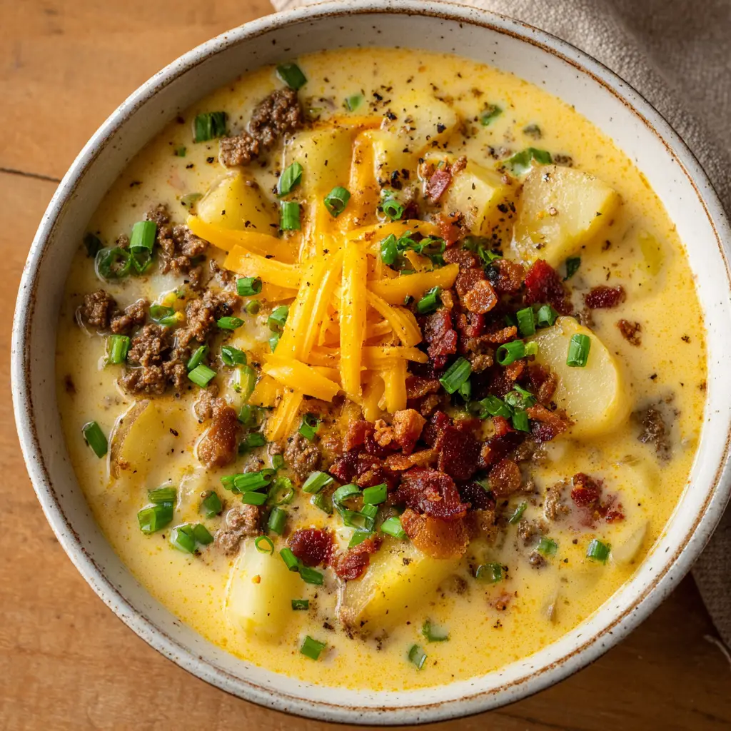 Close up of thick Cheeseburger Soup Recipe in a white ceramic bowl sitting on a natural wooden table.