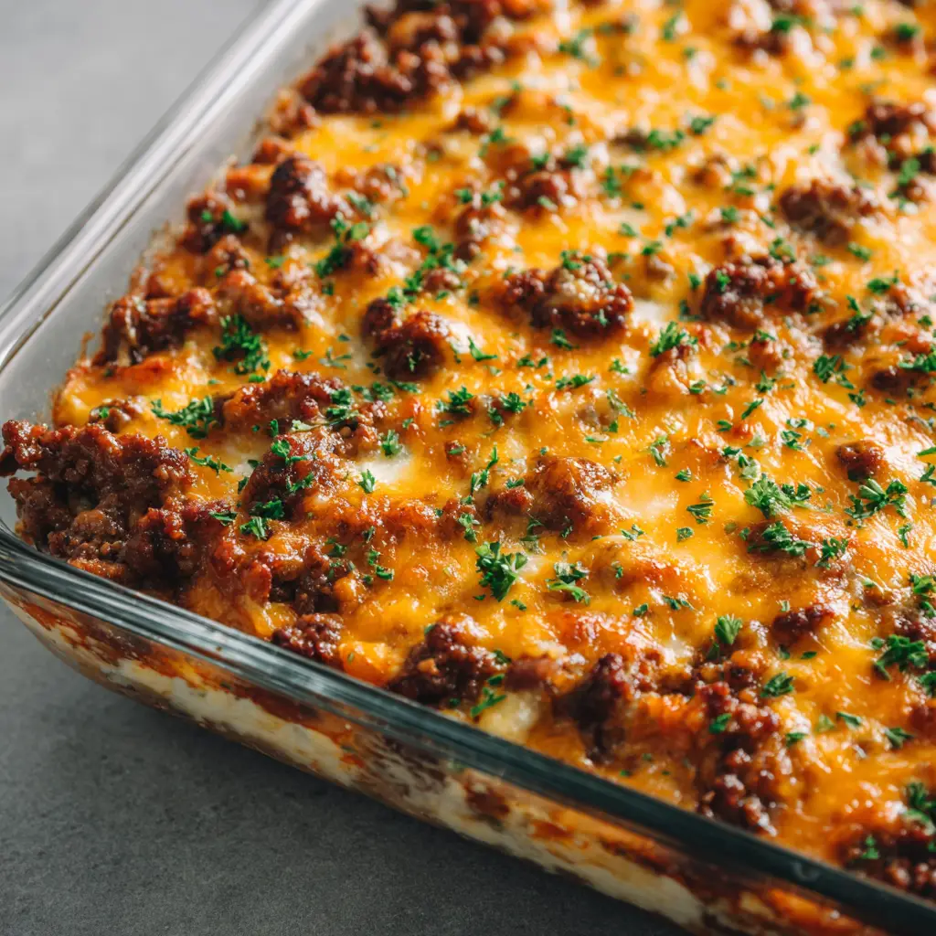 Process shot of Keto Ground Beef Casserole baking in a rectangular glass dish with crispy cheese edges.