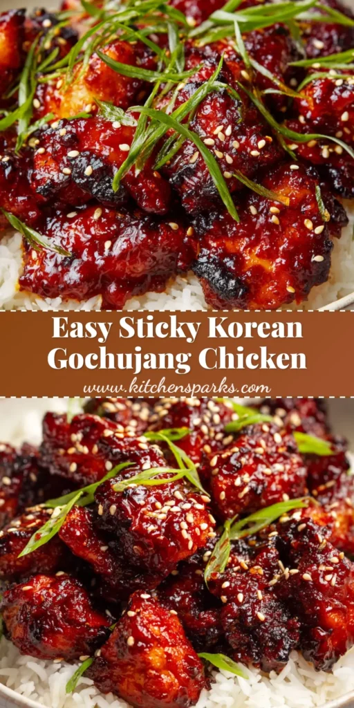 A close up shot of sticky Korean gochujang chicken in a bowl over fluffy white steamed rice.