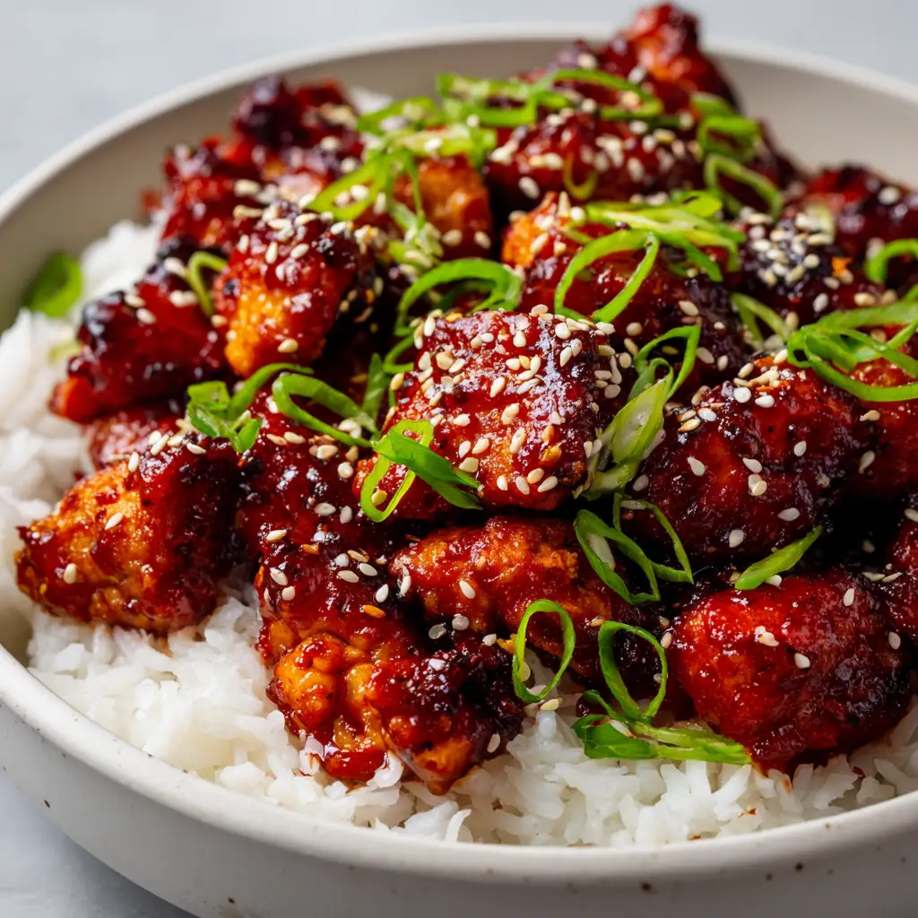 Glossy Gochujang Chicken generously sprinkled with toasted white sesame seeds and freshly sliced green scallions.