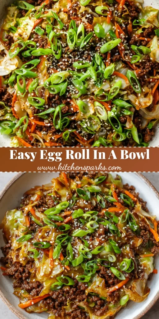 A shallow rustic white ceramic bowl filled with an unstuffed egg roll meal featuring browned ground beef, wilted cabbage, matchstick carrots, scallions, and sesame seeds.