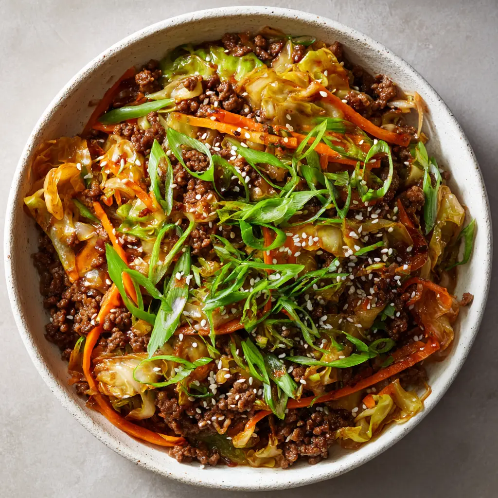 A glistening unstuffed egg roll meal garnished with diagonally sliced green scallions and toasted white sesame seeds.