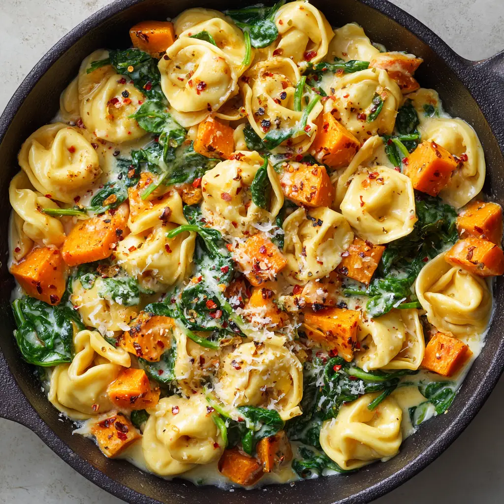 Close-up of vibrant orange caramelized sweet potato chunks with slight browned seared edges in a dark cast iron skillet.