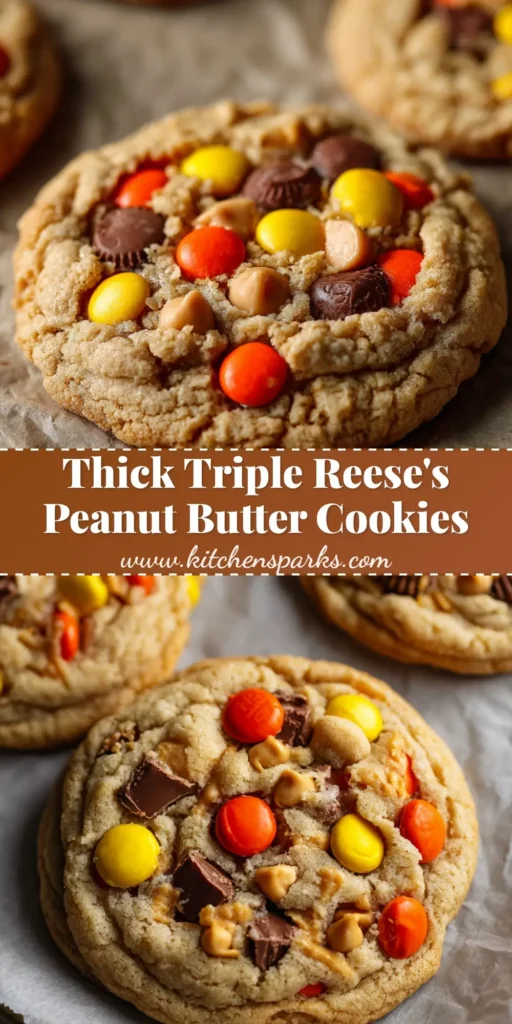 Close up overhead view of thick soft baked Triple Reese's Cookies resting on unbleached parchment paper, loaded with Reese's Pieces, oozing Peanut Butter Cups, and melted peanut butter chips.