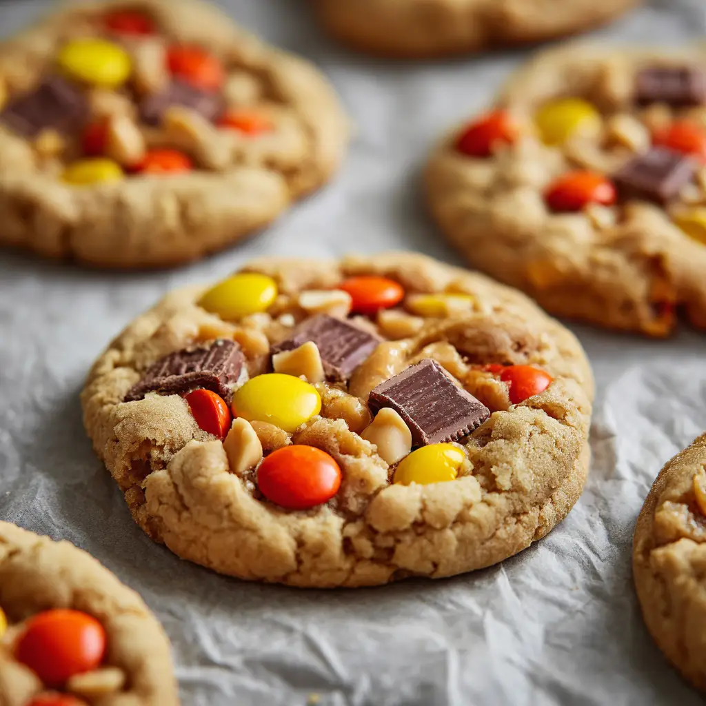Golden brown crinkled peanut butter cookies resting on a metal baking sheet with large chunks of melted chocolate covered Reese's Peanut Butter cups.
