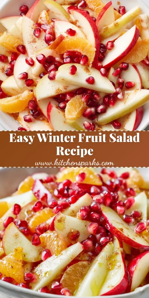 A vibrant winter fruit salad in a white ceramic bowl, featuring red apple slices, pears, orange segments, and pomegranate seeds with a light dressing.