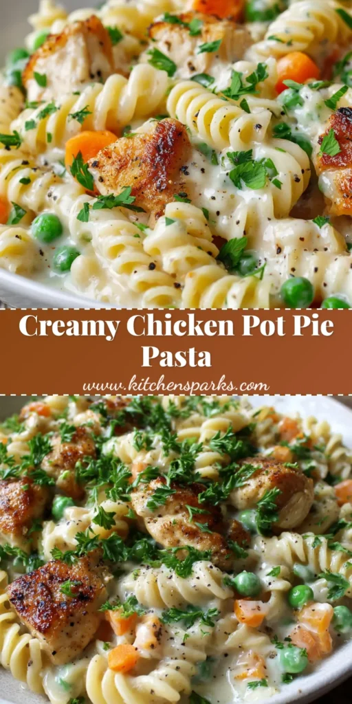 An overhead shot of a bowl of creamy Chicken Pot Pie Pasta, showing rotini, chicken, peas, and carrots in a rich ivory sauce.