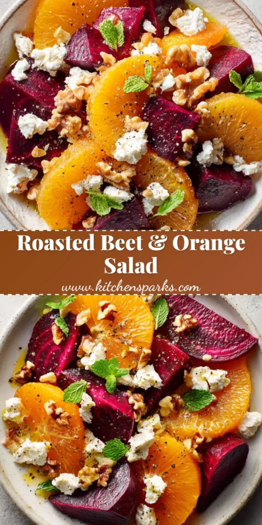 A vibrant Roasted Beet and Orange Salad is presented in a white ceramic bowl, featuring deep magenta beet wedges, bright orange slices, crumbled feta, toasted walnuts, and fresh mint leaves.