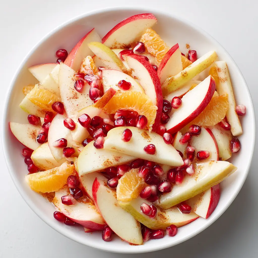 A wide white ceramic serving bowl filled with a fresh winter fruit salad composed of sliced apples, pears, oranges, and pomegranate arils.