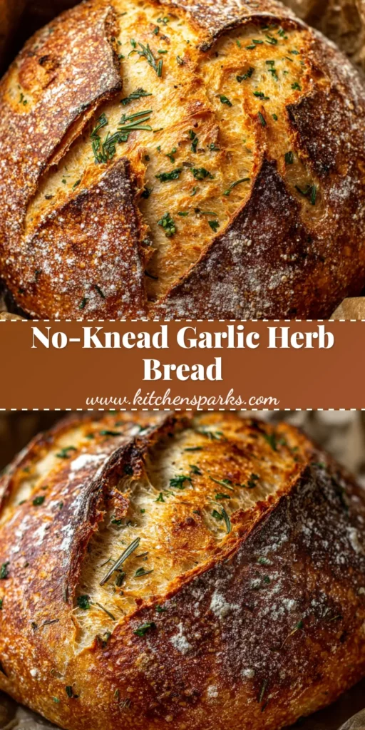 A final shot of a round artisan Garlic Herb Dutch Oven Bread in a black cast iron pan, showing its golden-brown crust and a single slice cut to reveal the airy crumb.