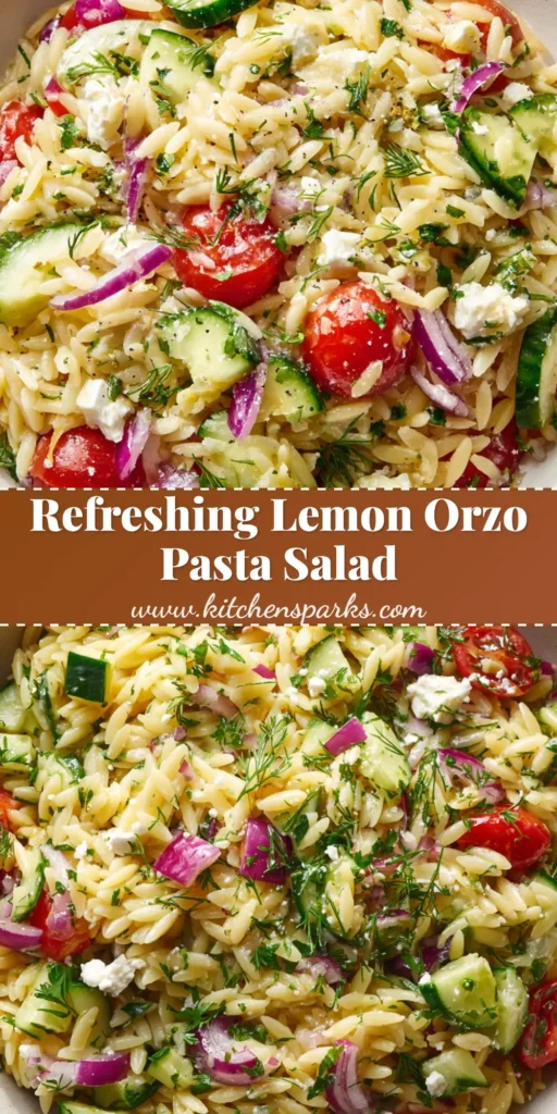A close-up overhead shot of Lemon Orzo Pasta Salad in a shallow white bowl, showing tender orzo, red cherry tomatoes, green cucumber, and crumbled feta cheese.