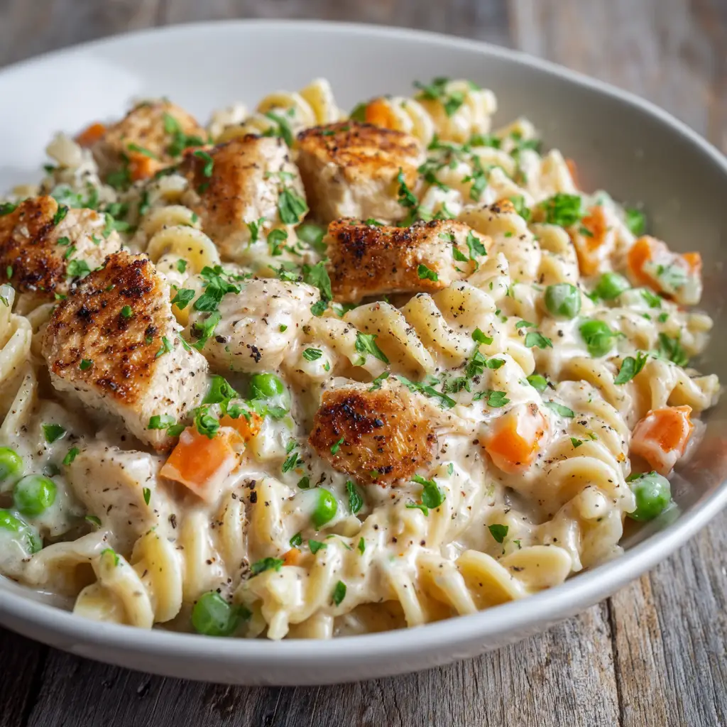 A spoonful of creamy chicken pot pie pasta being lifted from a white bowl, showing the texture of the sauce.