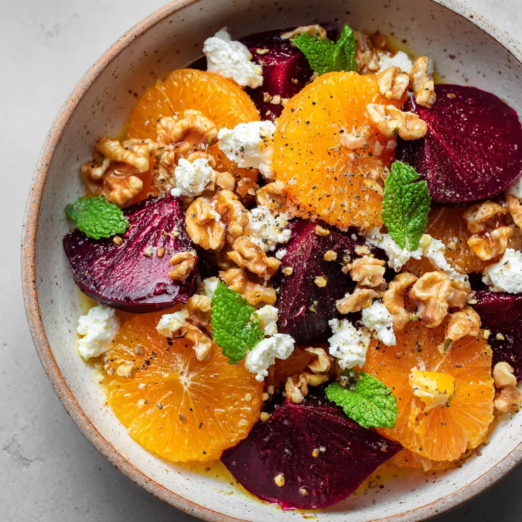 An overhead shot of the assembled Roasted Beet and Orange Salad on a light grey stone surface, highlighting the fresh mint garnish and flecks of black pepper.