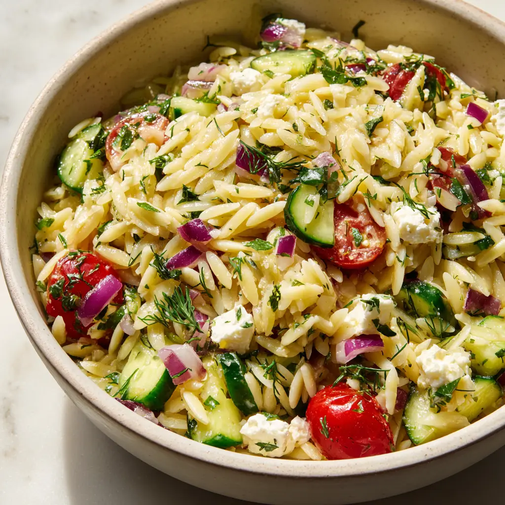 A large, shallow off-white ceramic bowl filled with freshly tossed Lemon Orzo Pasta Salad, with visible moisture from the glossy lemon vinaigrette.